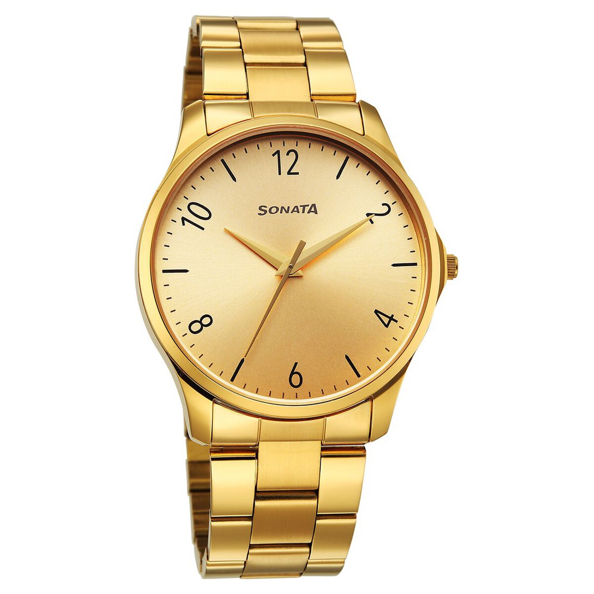 Sonata Traditional Essentials Quartz Analog Champagne Dial Golden Metal Strap Watch For Men 1