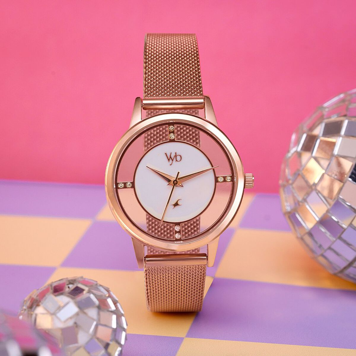 Vyb Runway By Fastrack Quartz Analog White Dial Rose Gold Stainless Steel Strap Watch For Girls 1