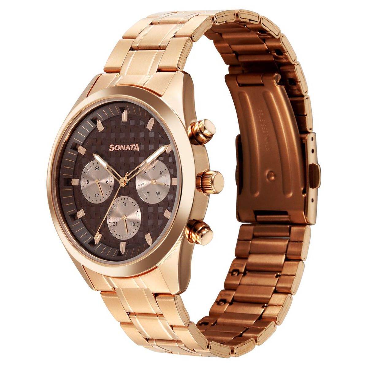 Sonata Multifunction Brown Dial Rose Gold Metal Strap Watch For Men 3