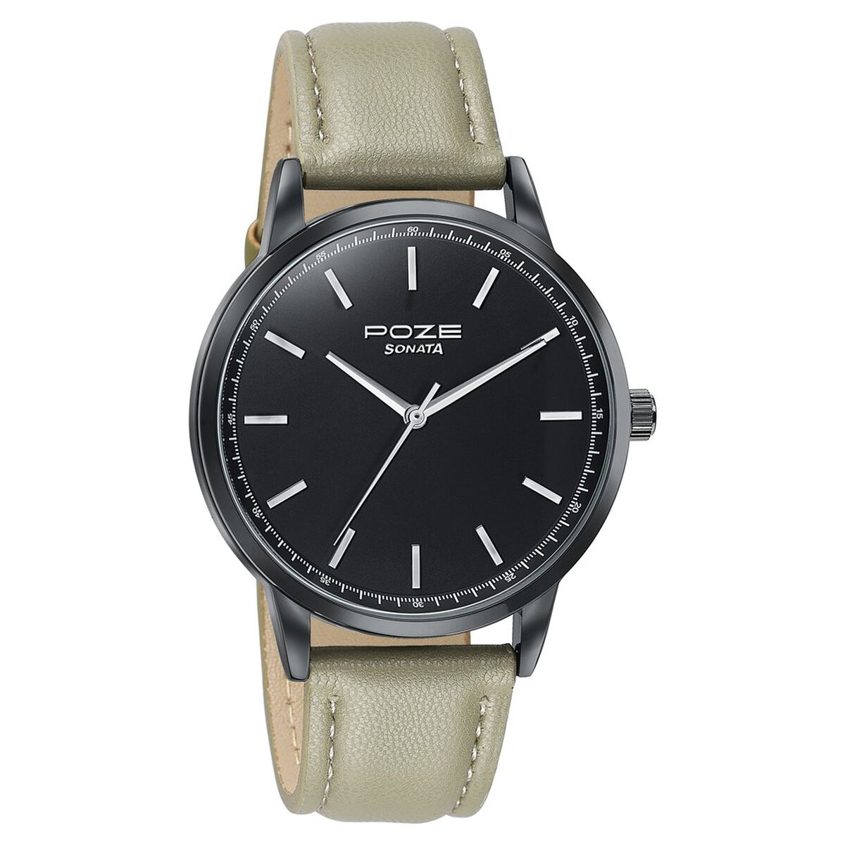 Poze By Sonata Quartz Analog Black Dial Beige Leather Strap Watch For Men 3