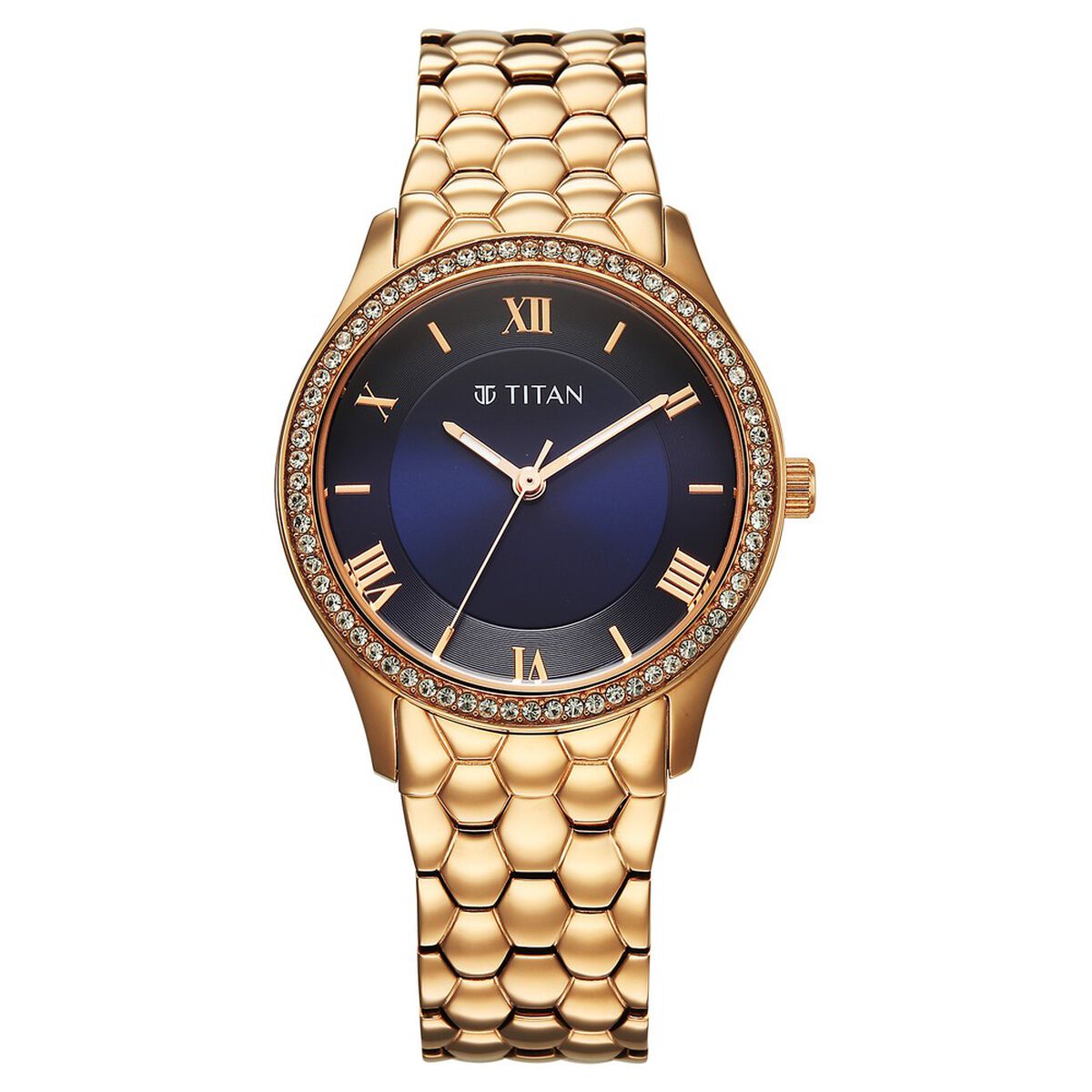 Titan Purple Glamour Quartz Analog Blue Dial Rose Gold Stainless Steel Strap Watch For Women 1
