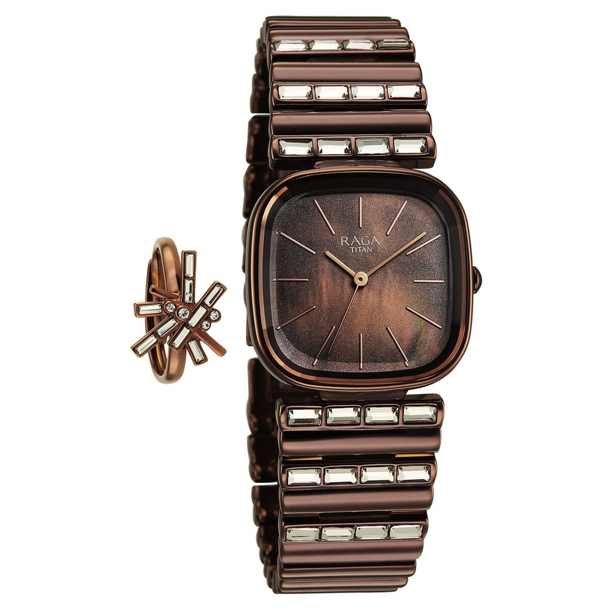 Titan Raga Glimmers Quartz Analog Brown Mother Of Pearl Dial Brown Metal Strap Watch For Women 1