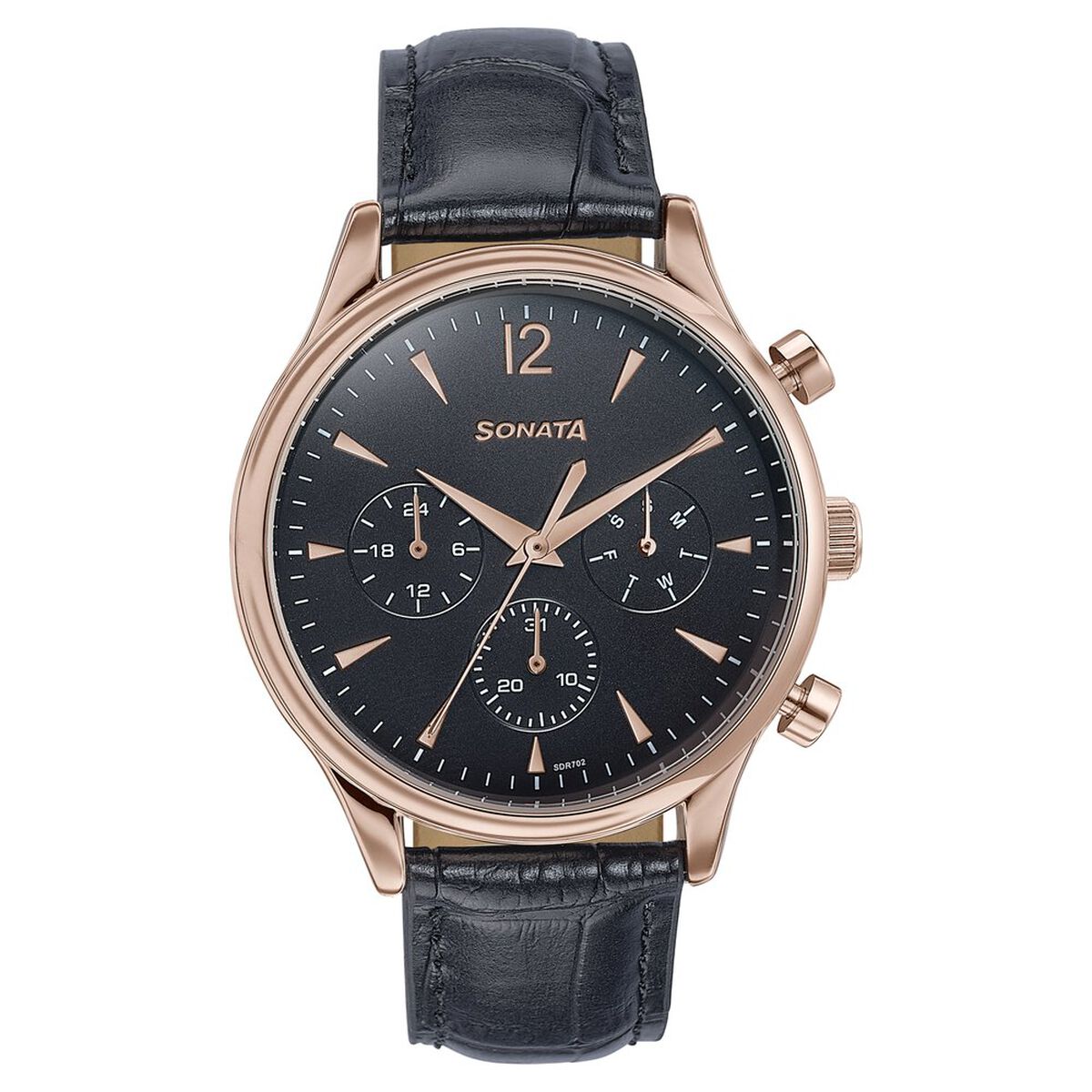 Sonata Wedding Edit Quartz Multifunction Black Dial Leather Strap Watch For Men 1