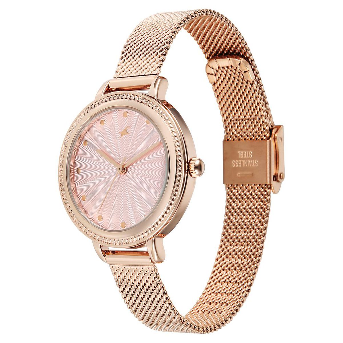 Fastrack Stunners Quartz Analog Pink Dial Rose Gold Stainless Steel Strap Watch For Girls 3