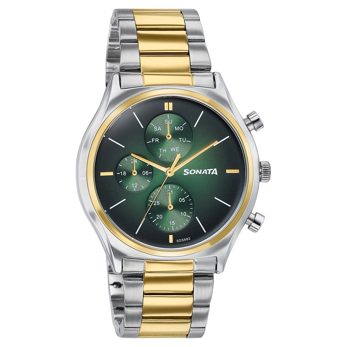 Sonata Festive Quartz Multifunction Green Dial Two Toned Metal Strap Watch For Men 2