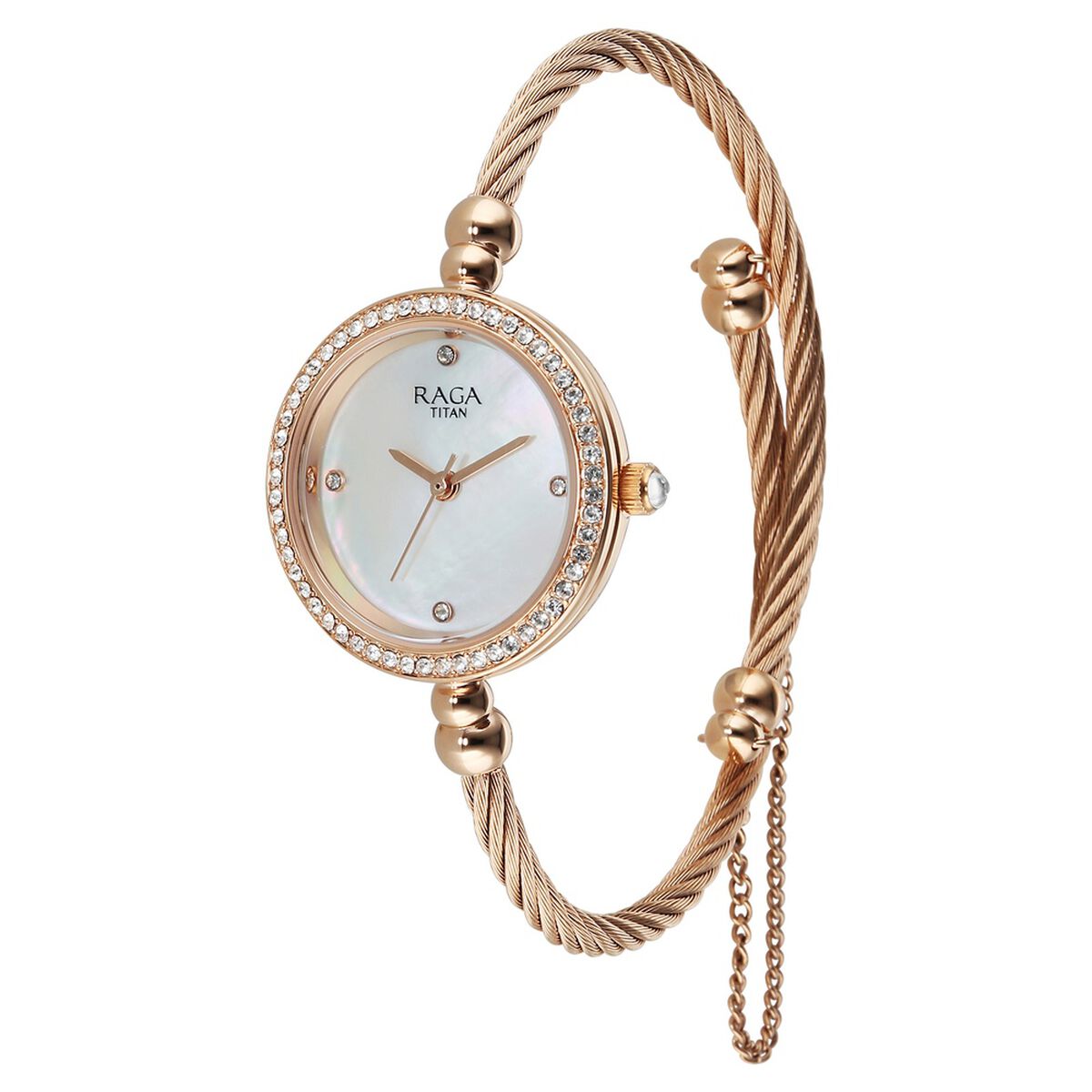Titan Raga Spotlight Quartz Analog White Dial Rose Gold Metal Strap Watch For Women 3