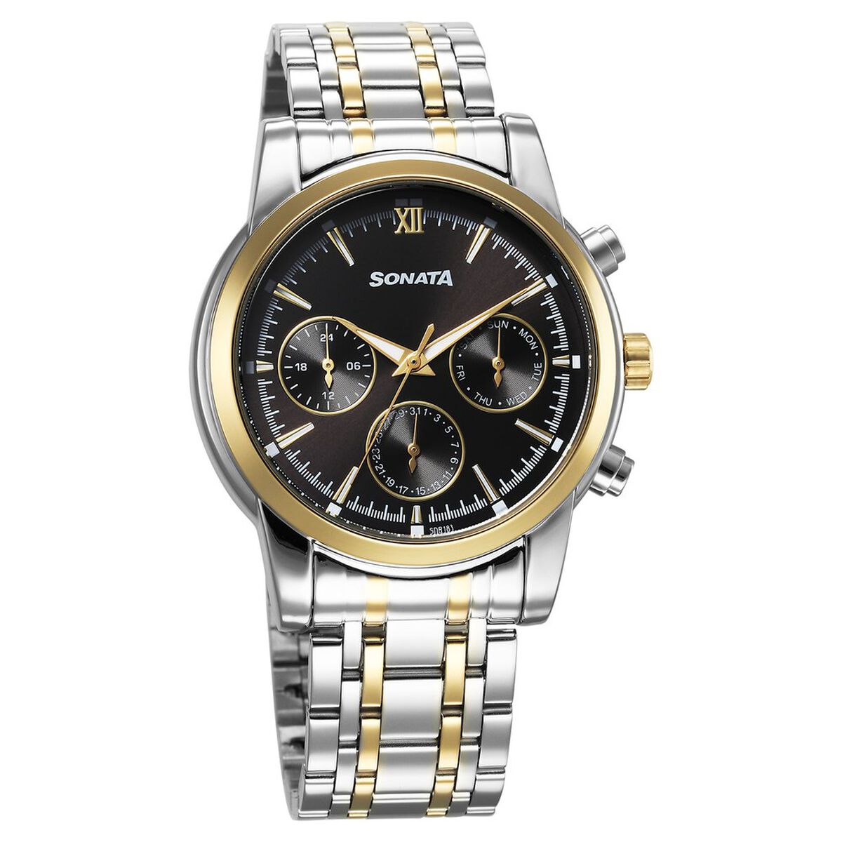 Sonata Wedding Multifunction Black Dial Stainless Steel Strap Watch For Men 1