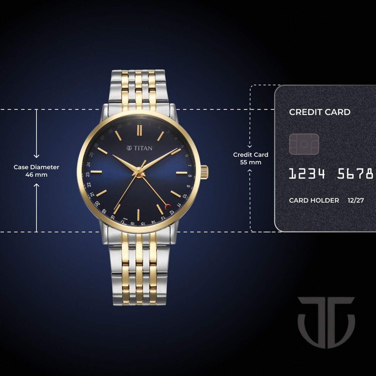 Titan Elegance Analog with Date by Hand and Blue Dial Stainless Steel Two Toned Strap Watch for Men 4