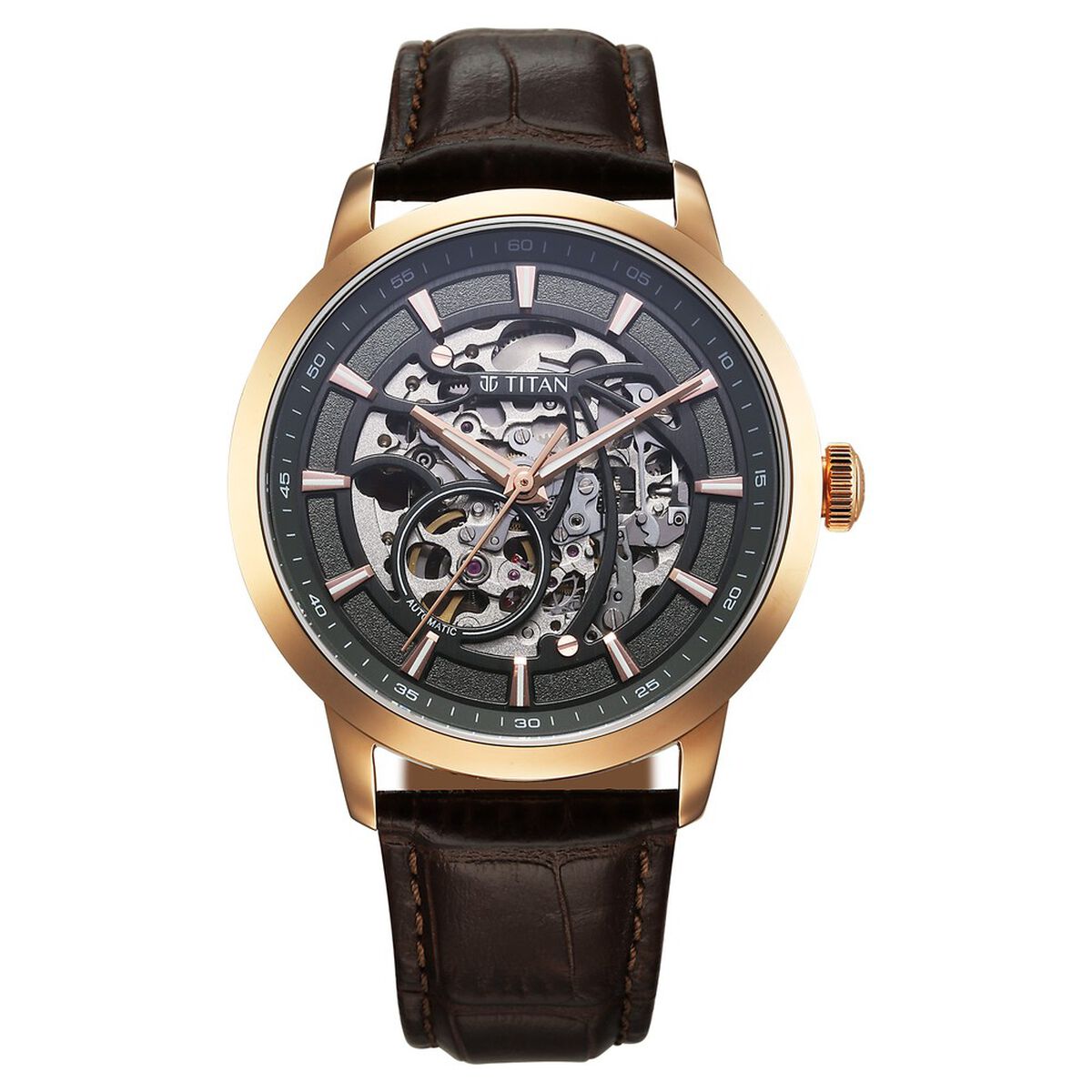 Titan Phoenix Skeletal Automatic Analog with Gun Dial Brown Leather Strap Watch for Men 2