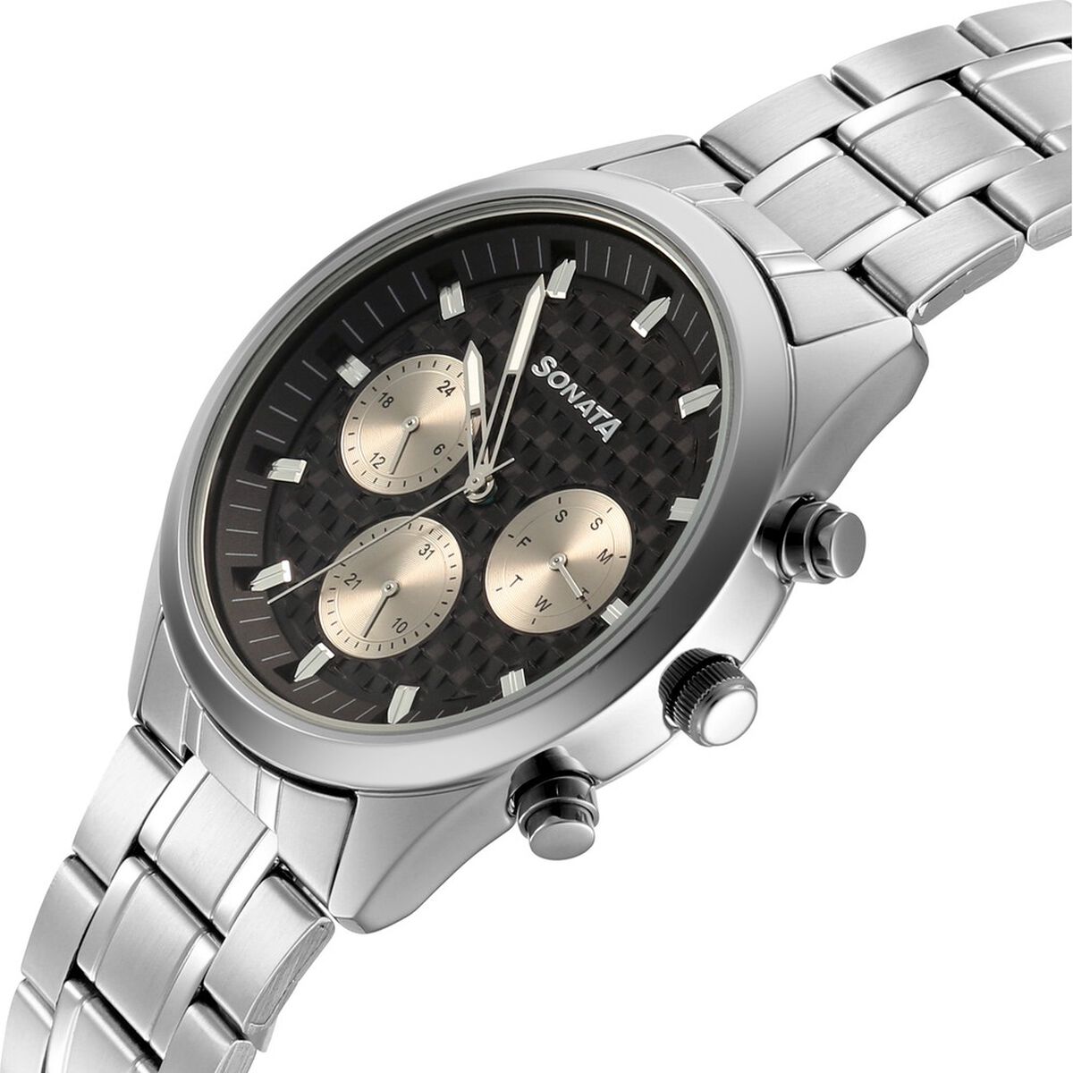 Sonata Multifunction Black Dial Silver Metal Strap Watch For Men 5