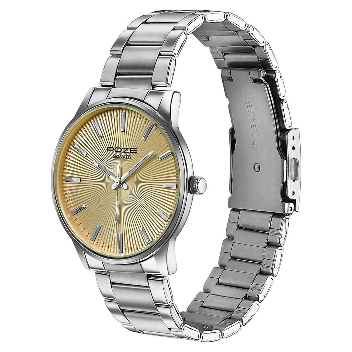 Poze By Sonata Quartz Analog Yellow Dial Silver Stainless Steel Strap Watch For Men 5