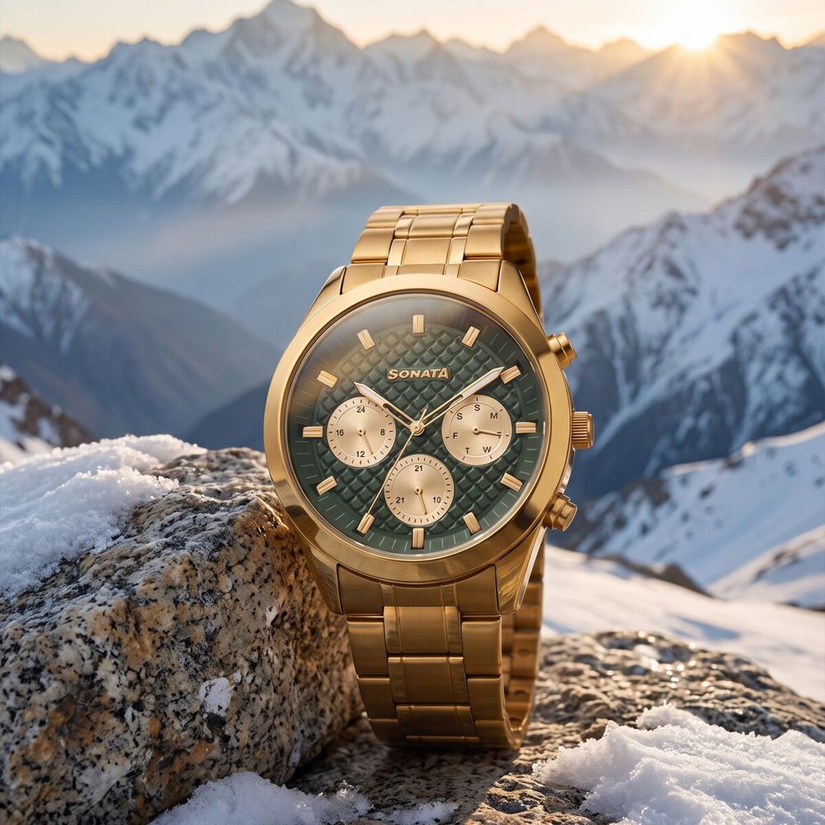 Sonata Multifunction Green Dial Golden Metal Strap Watch For Men 1