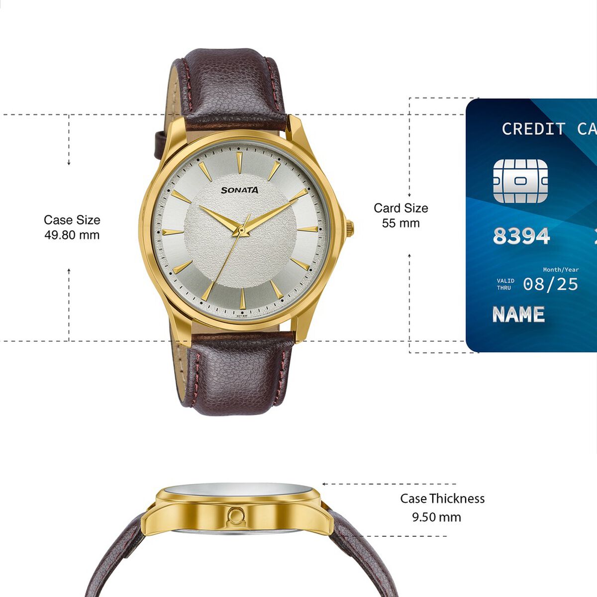 Sonata Traditional Essentials Silver Dial, Gold tone case Burgundy Genuine Leather Strap Watch 4