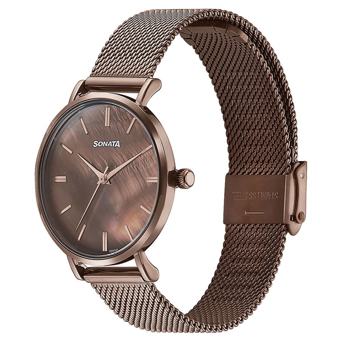 Sonata Quartz Analog Brown Dial Brown Stainless Steel Strap Watch For Women 4