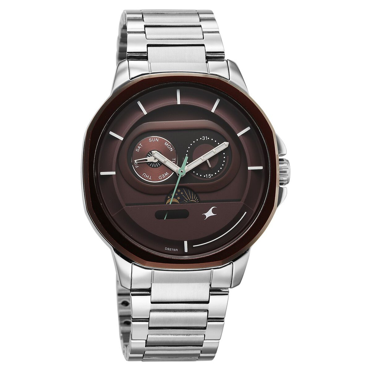 Fastrack Street Opulence Quartz Sun Moon Multifunction Maroon Dial Silver Stainless Steel Strap Watch For Guys 2