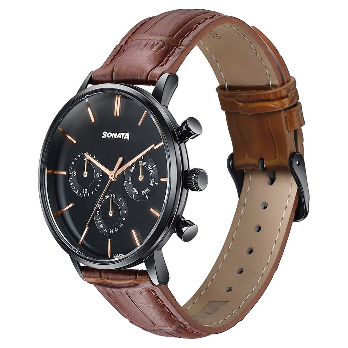 Sonata Festive Quartz Multifunction Black Dial Brown Leather Strap Watch For Men 3