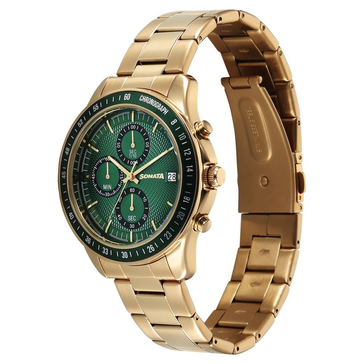 Sonata Chronos Quartz Analog with Date Green Dial Golden Colour Stainless Steel Strap Watch For Men 3