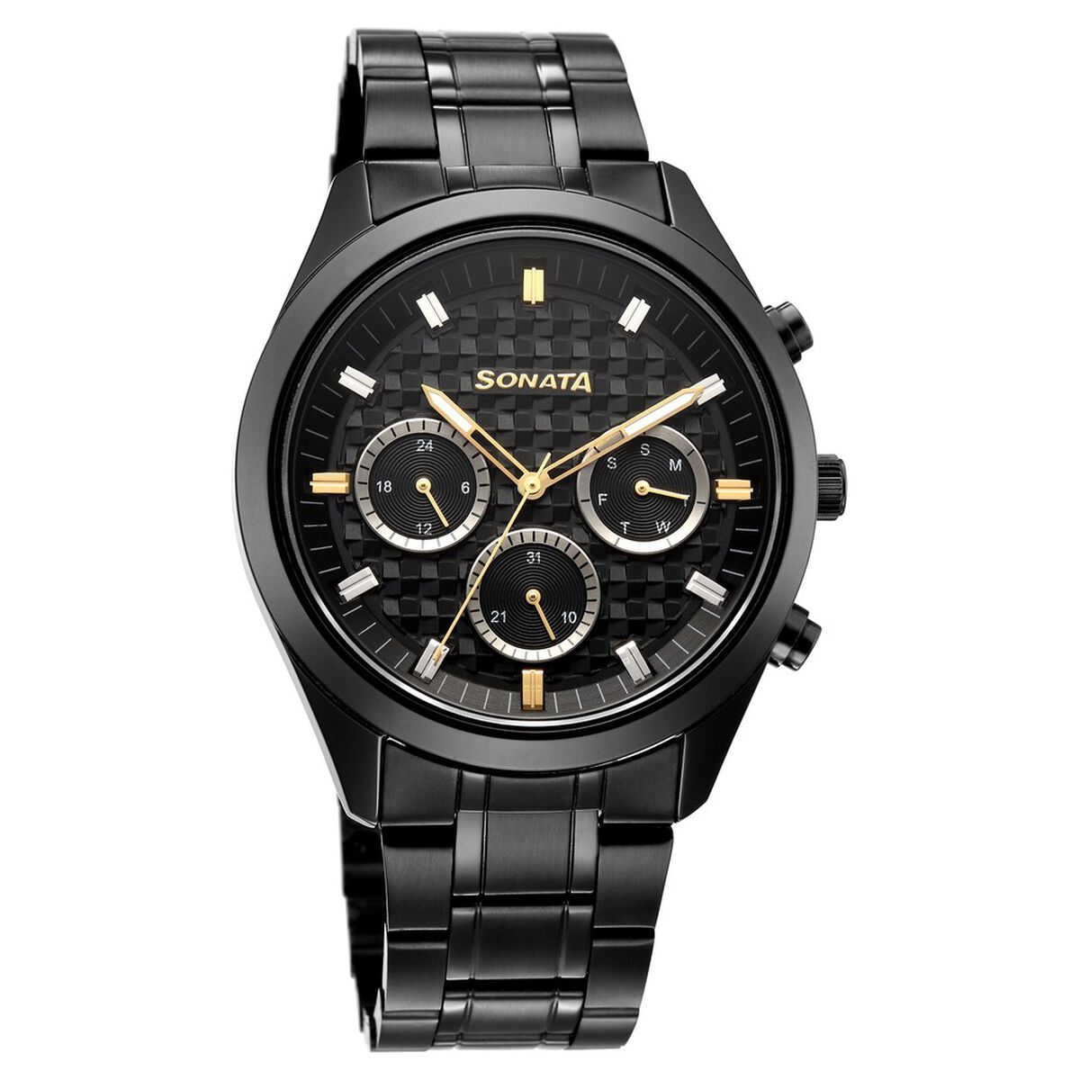 Sonata Multifunction Black Dial Black Metal Strap Watch For Men 2