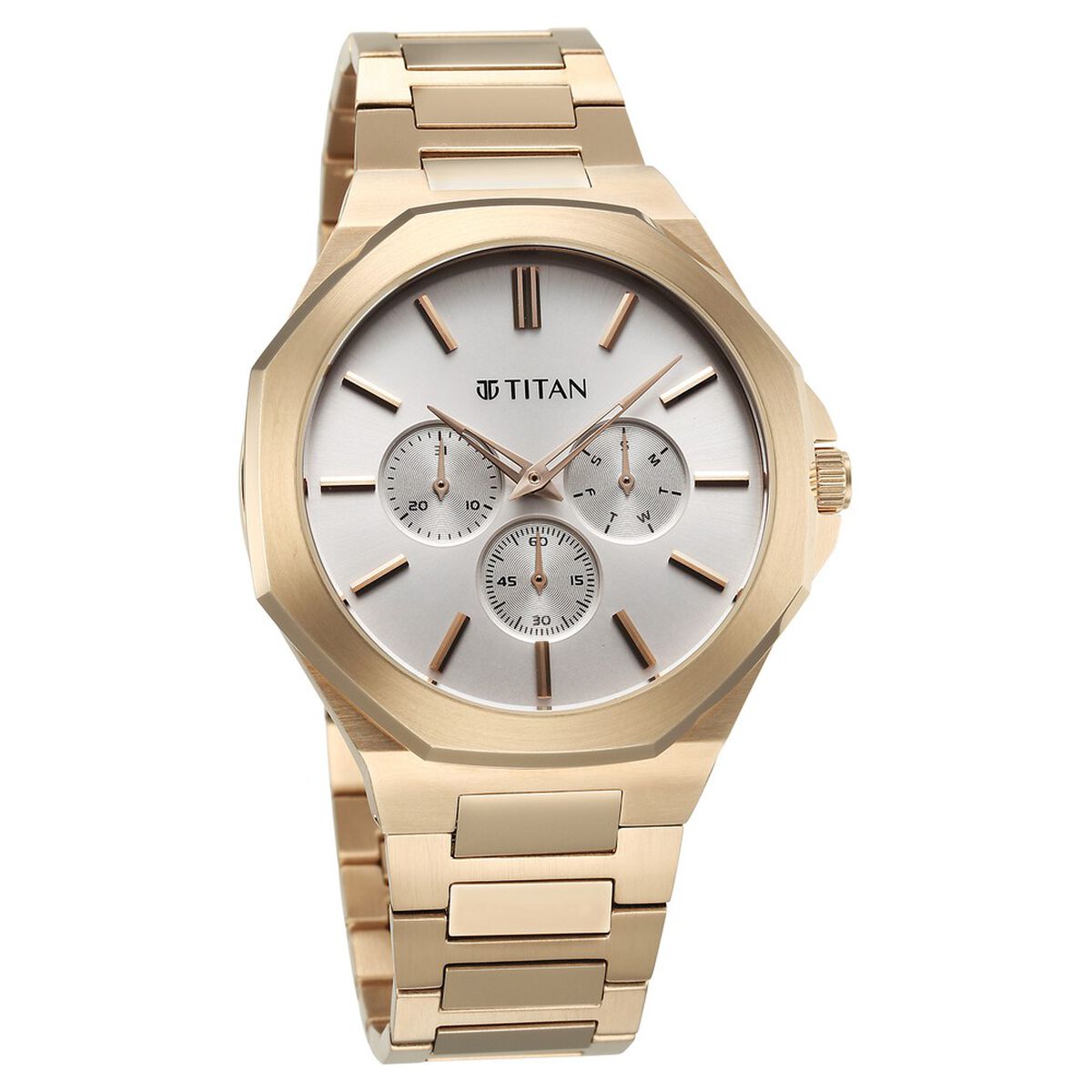 Titan Classic Slim Multifunction Multifunction Silver Dial Carnation Gold Stainless Steel Strap Watch For Men 2