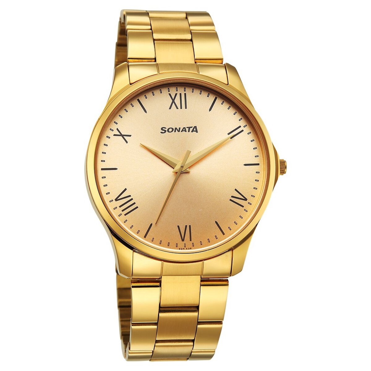 Sonata Traditional Essentials Quartz Analog Champagne Dial Golden Metal Strap Watch For Men 1