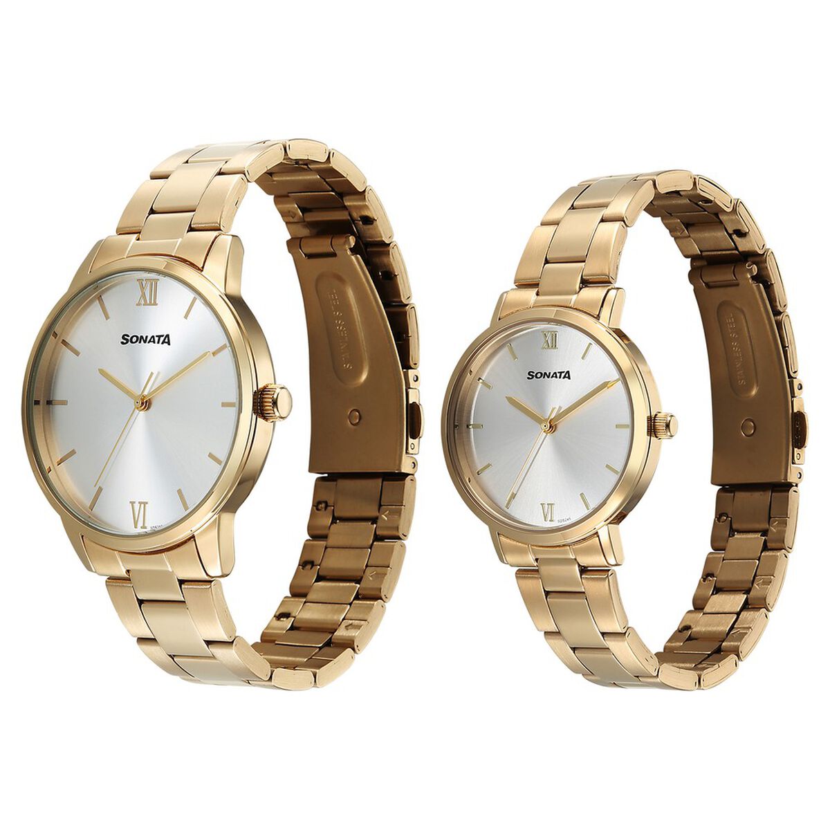 Sonata Perfect Pairs Quartz Analog Silver Dial Golden Metal Strap Watch For Couple 2