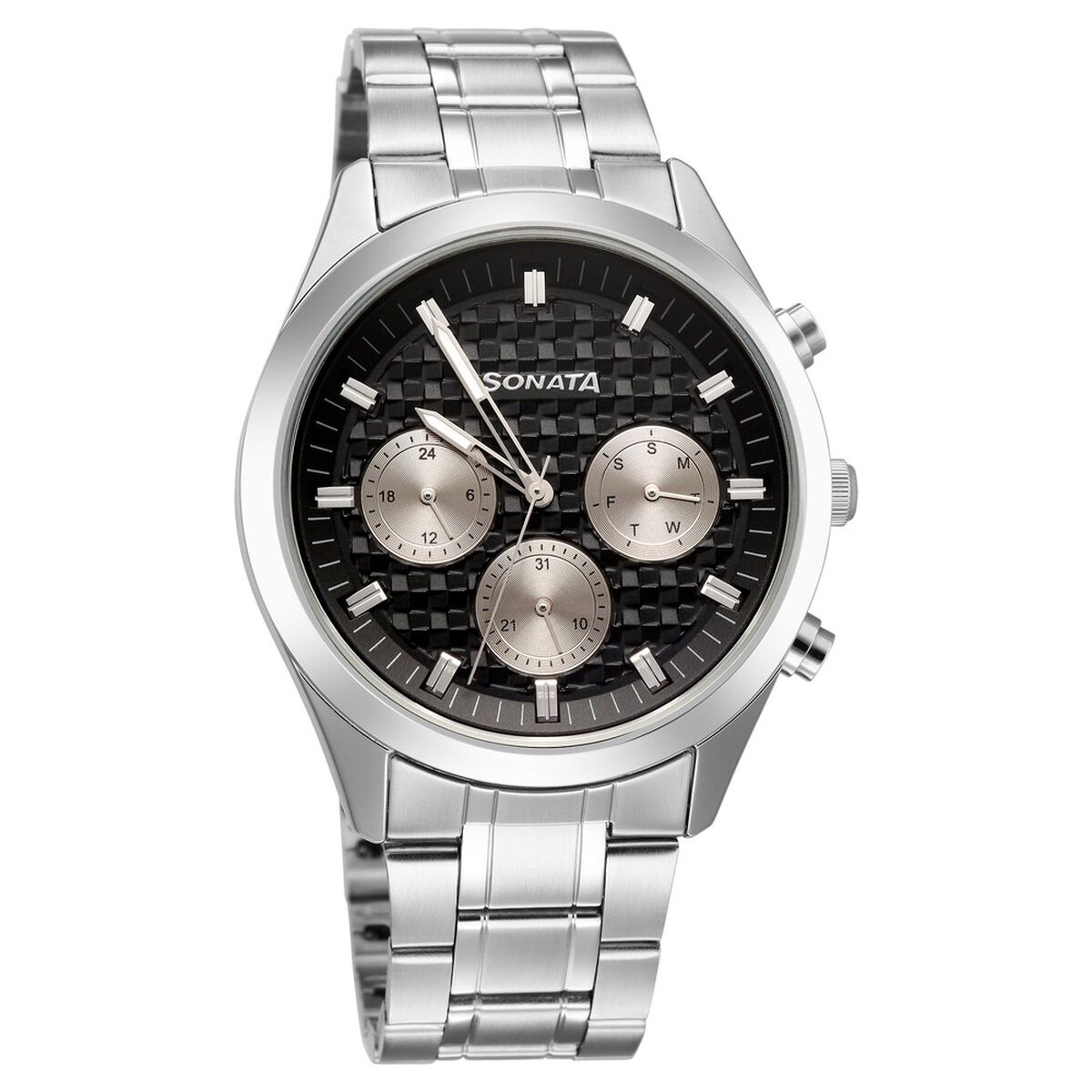 Sonata Multifunction Black Dial Silver Metal Strap Watch For Men 2