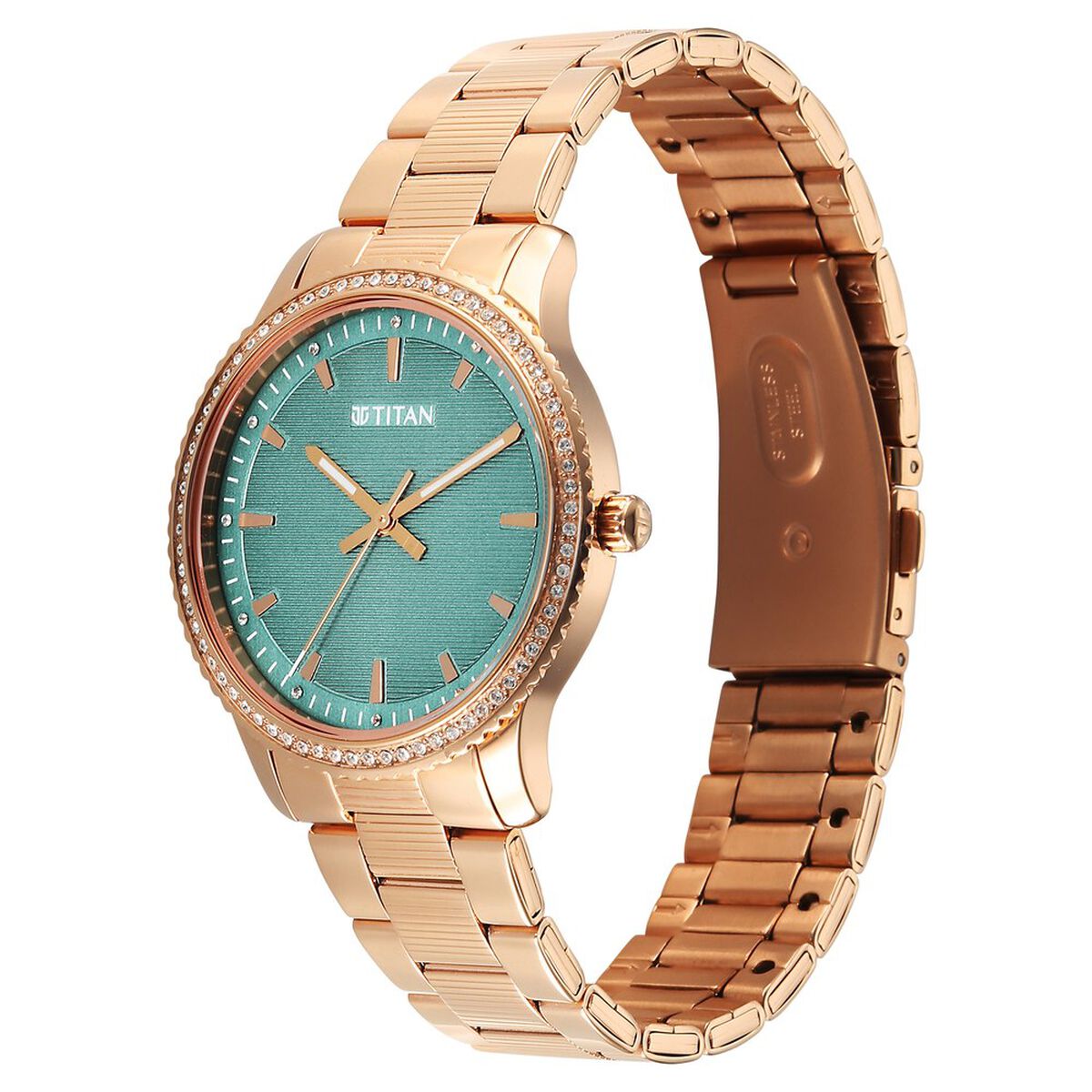 Titan Purple Sports Fashion Quartz Analog Green Dial Rose Gold Stainless Steel Strap Watch For Women 3