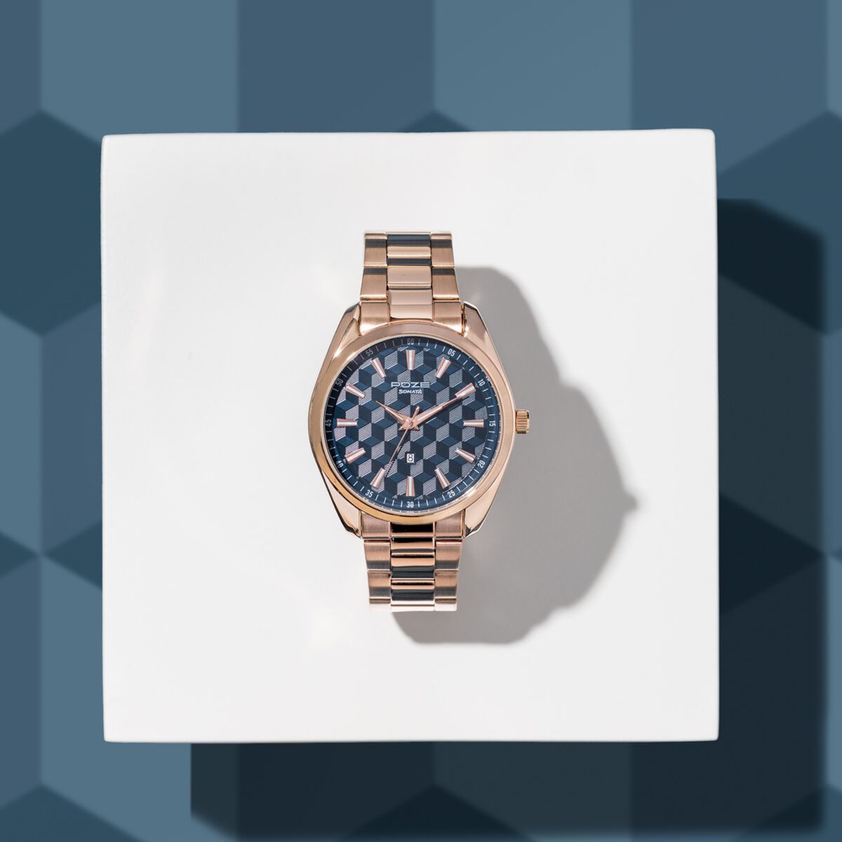 Sonata Poze Quartz Analog Blue Dial Rose Gold Colour Stainless Steel Strap Watch For Men 1