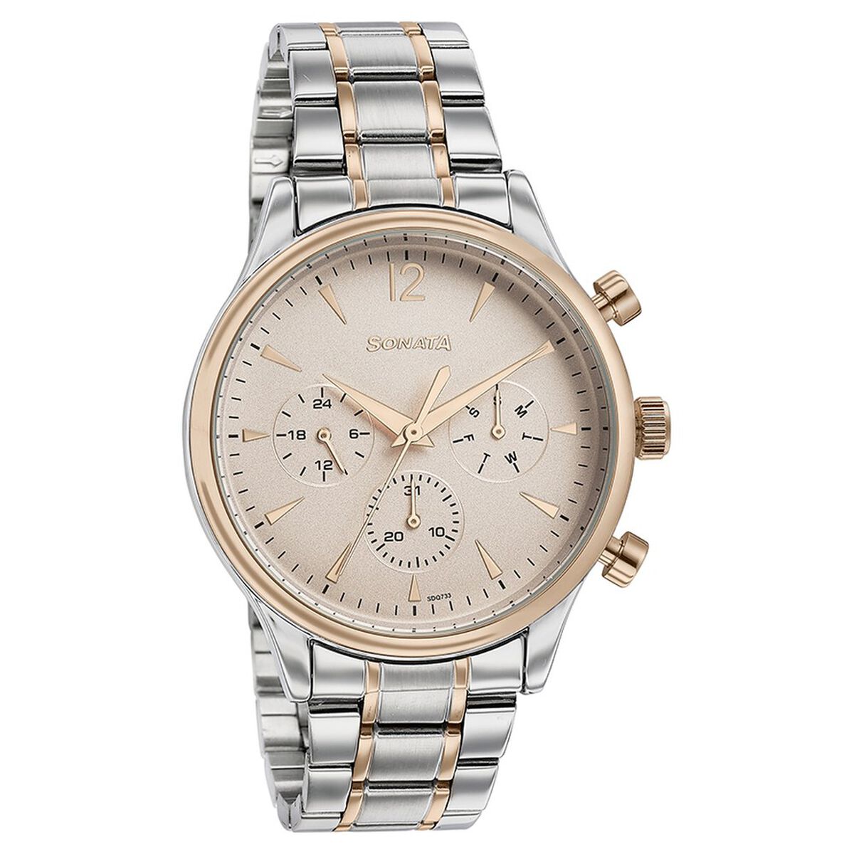 Sonata Quartz Multifunction Pink Dial Two Toned Stainless Steel Strap Watch For Men 3