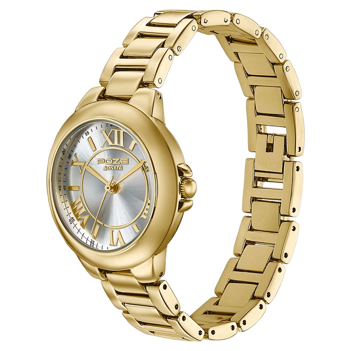 Poze By Sonata Quartz Analog silver Dial Golden Metal Strap Watch For Women 3