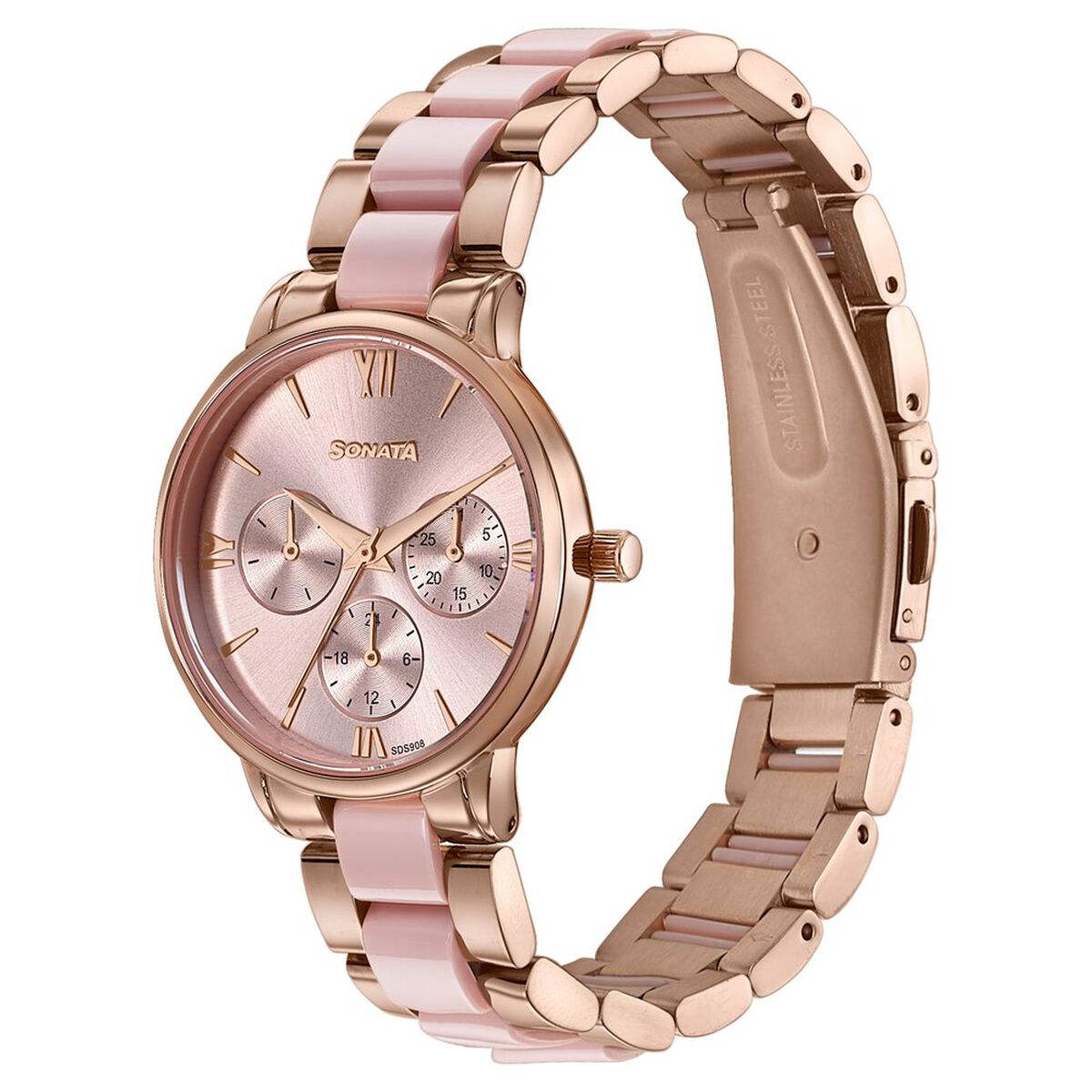 Sonata Festive Quartz Multifunction Pink Dial Two Toned Acetate And Metal Strap Watch For Women 3