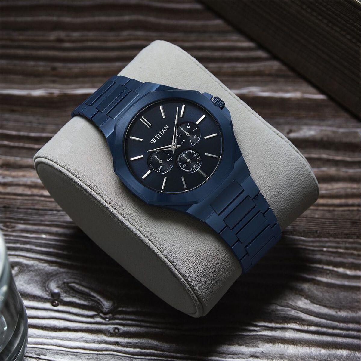 Titan Classic Slim Multifunction Quartz Multifunction Blue Dial Stainless Steel Strap Watch For Men 1