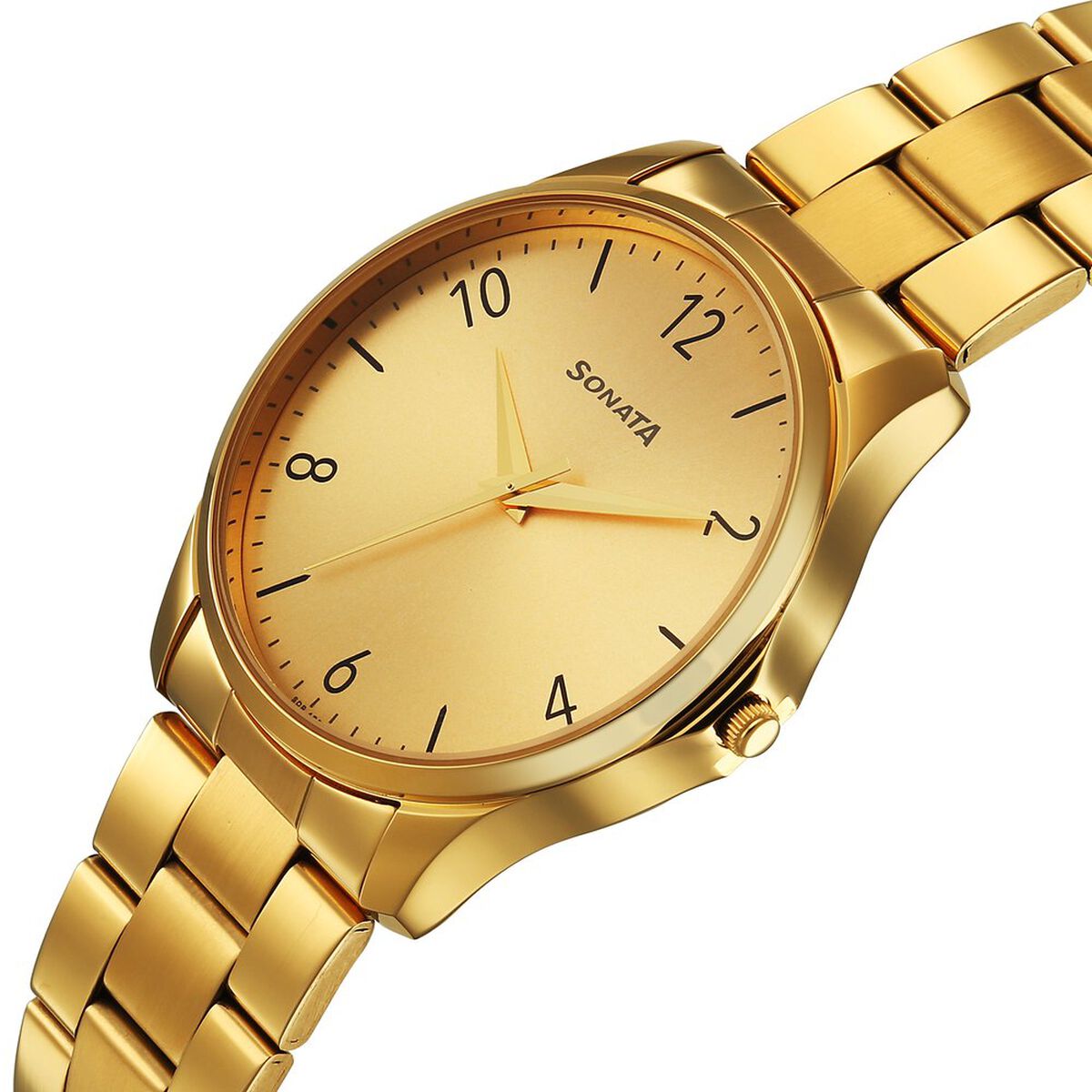 Sonata Traditional Essentials Quartz Analog Champagne Dial Golden Metal Strap Watch For Men 3