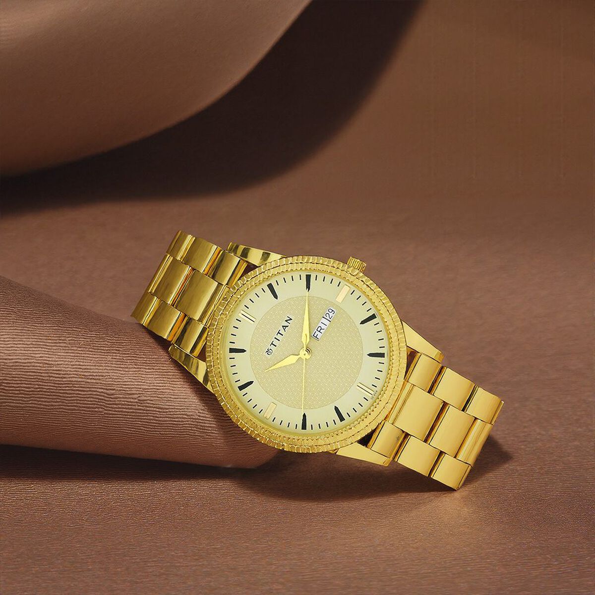 Titan Quartz Analog with Day and Date Golden Dial Stainless Steel Strap Watch for Men 1