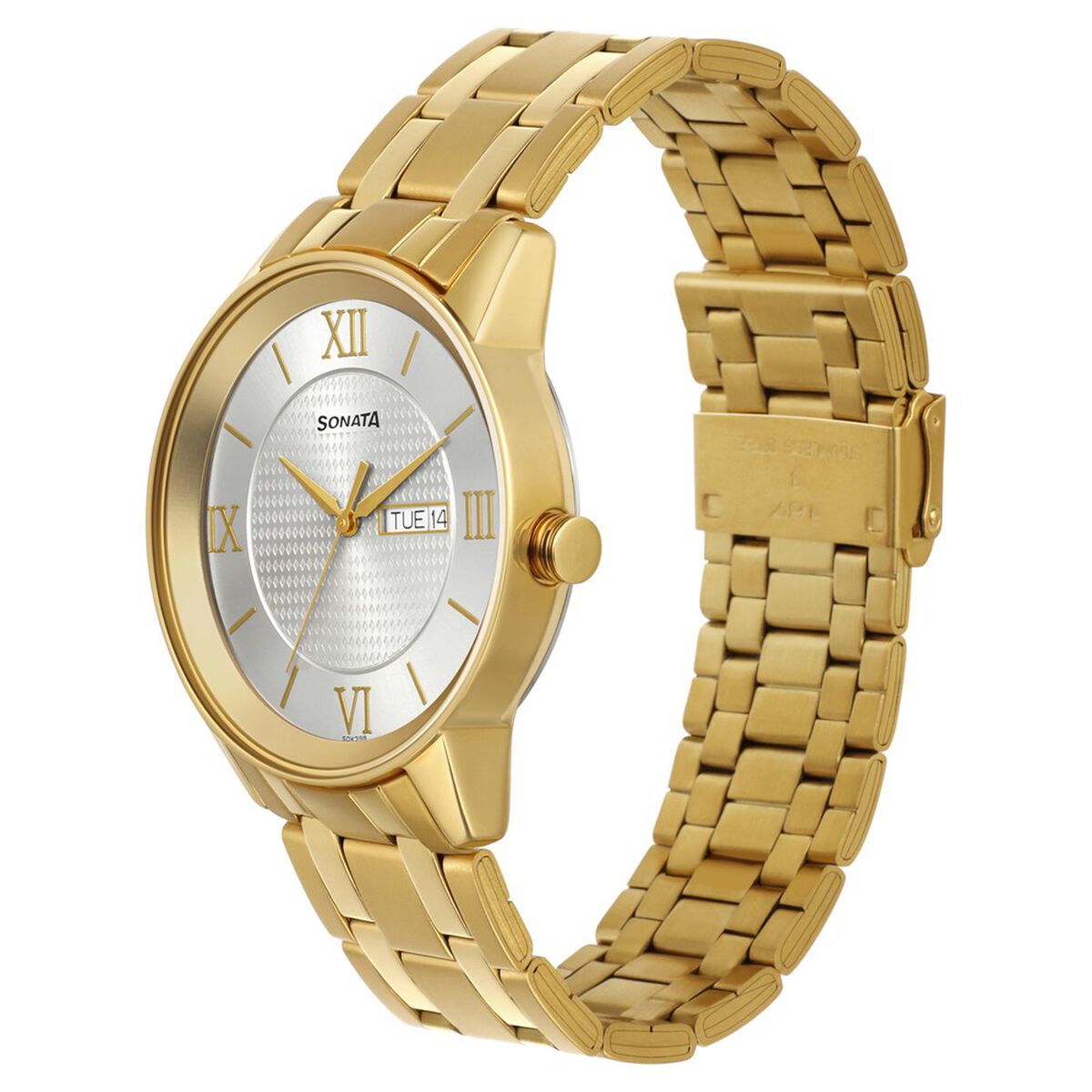 Sonata Quartz Analog with Day and Date Champagne Dial Stainless Steel Strap Watch for Men 2