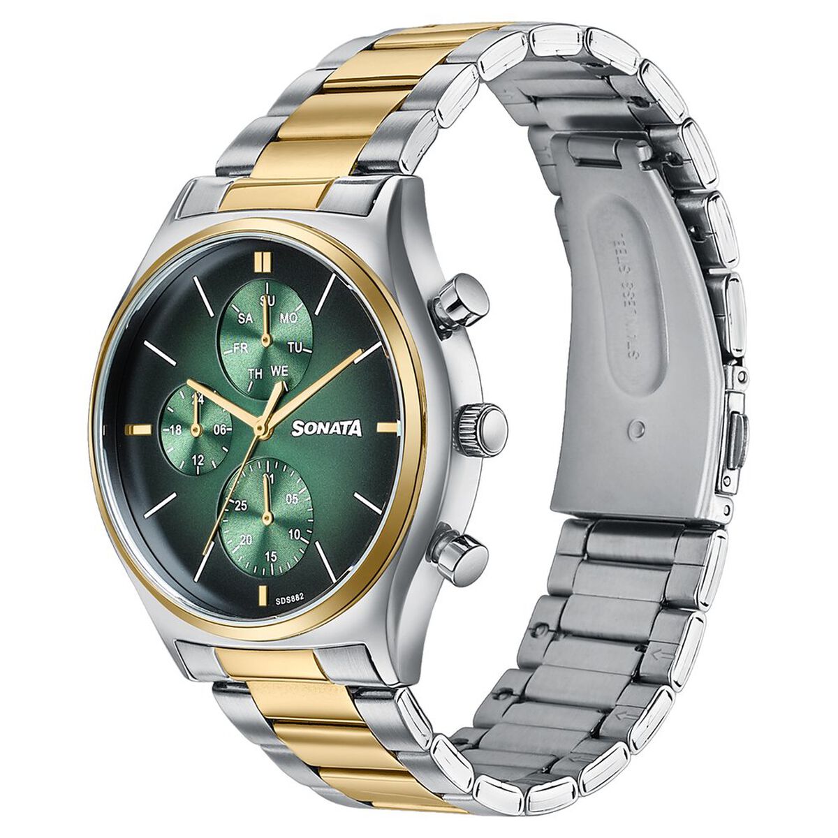 Sonata Festive Quartz Multifunction Green Dial Two Toned Metal Strap Watch For Men 3