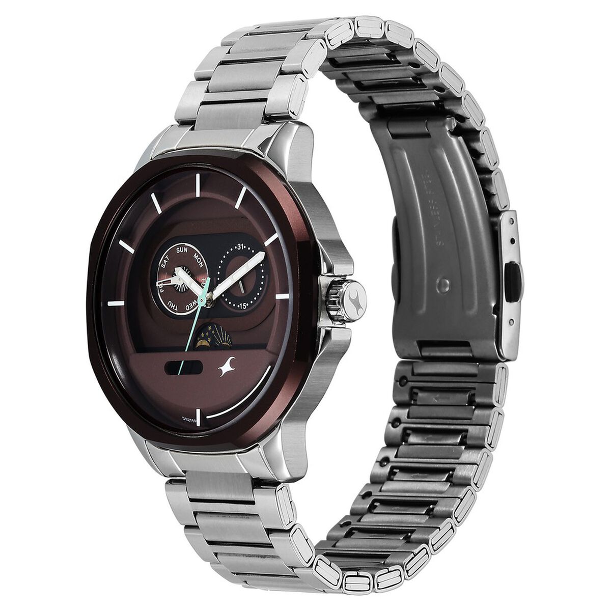 Fastrack Street Opulence Quartz Sun Moon Multifunction Maroon Dial Silver Stainless Steel Strap Watch For Guys 3