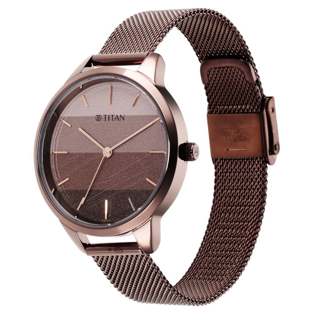 Titan Purple Glam It Up Quartz Analog Multicoloured Dial Brown Stainless Steel Strap Watch For Women 3