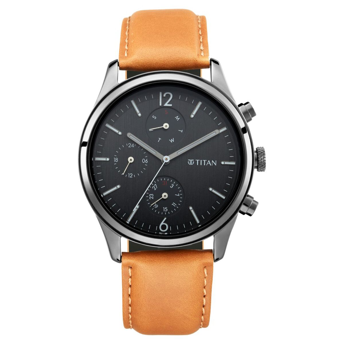 Titan Workwear Multifunction Black Dial Tan Leather Strap Watch For Men 2
