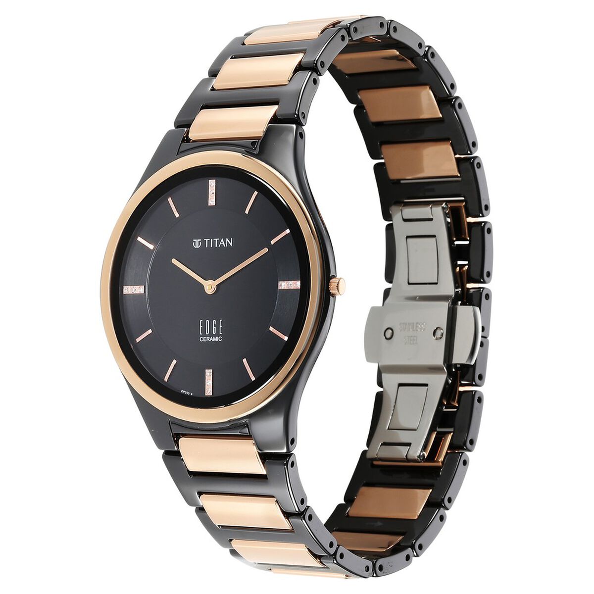 Titan Edge Ceramic Quartz in Midnight Gold with Diamonds and Black Dial Watch for Men 4
