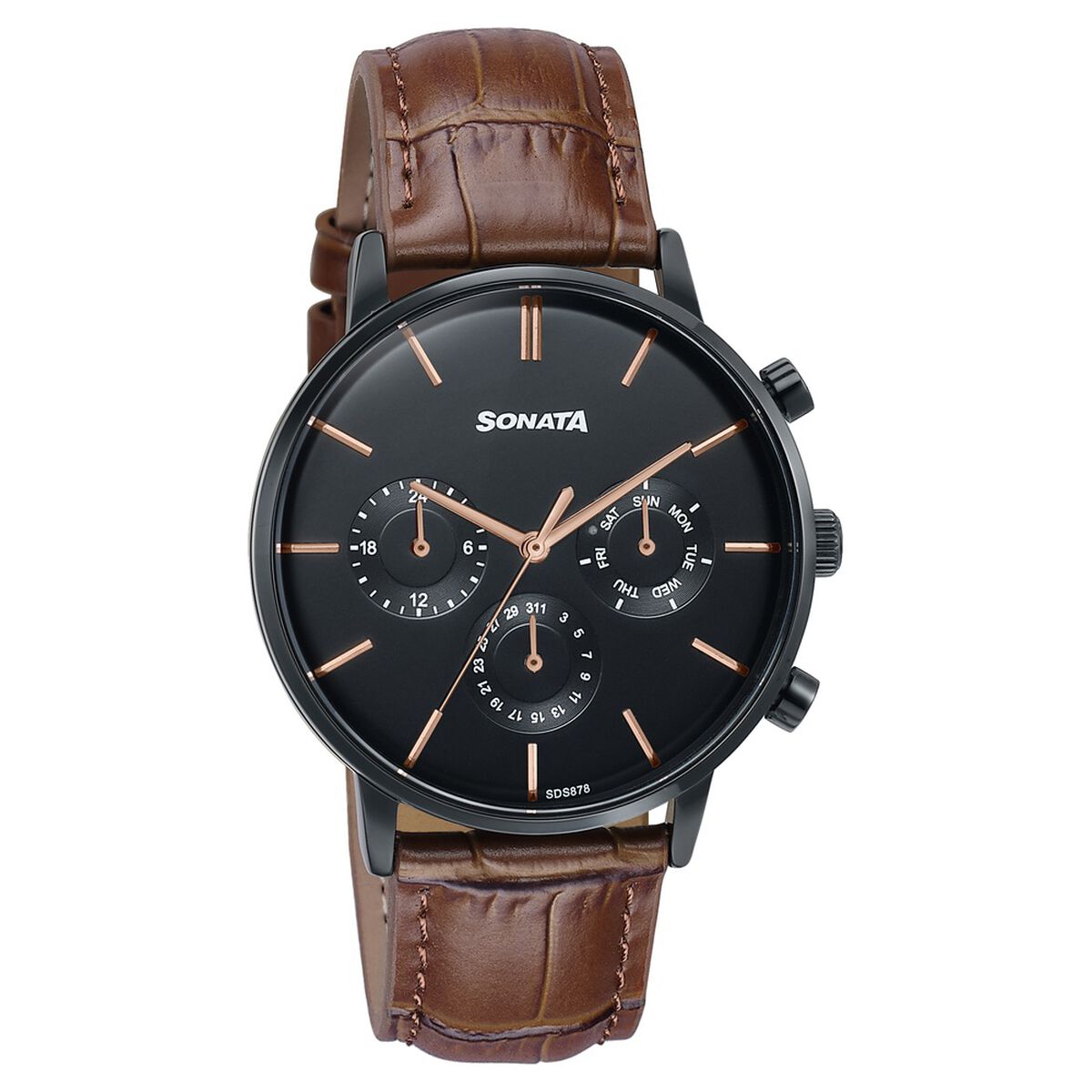 Sonata Festive Quartz Multifunction Black Dial Brown Leather Strap Watch For Men 2