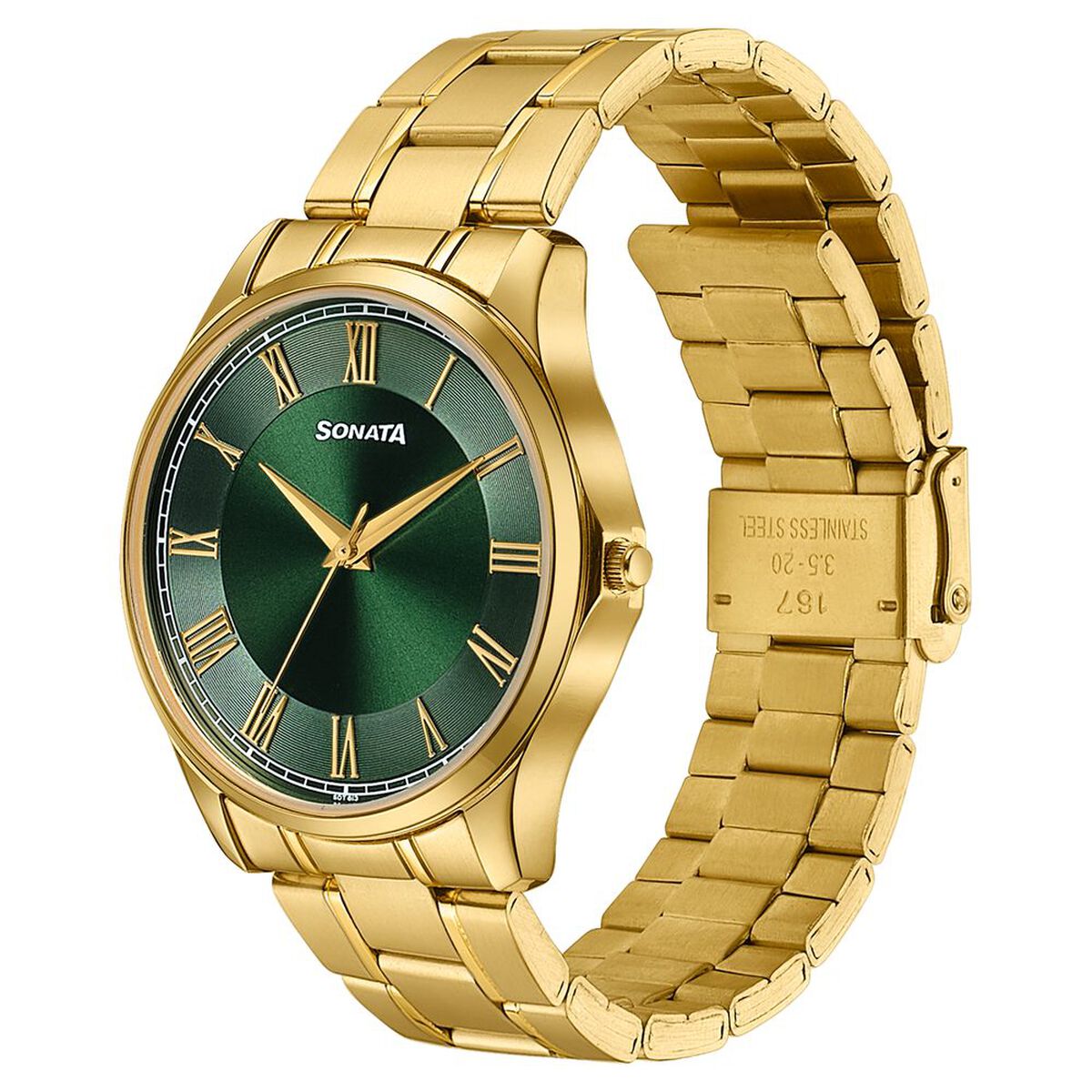 Sonata Traditional Essentials Green Dial Gold-Tone Stainless Steel Strap Watch 3