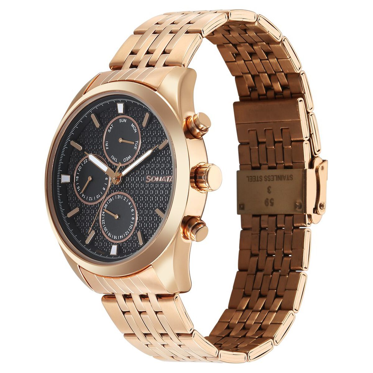 Sonata Magna Quartz Multifunction Black Dial Rose Gold Stainless Steel Strap Watch For Men 3