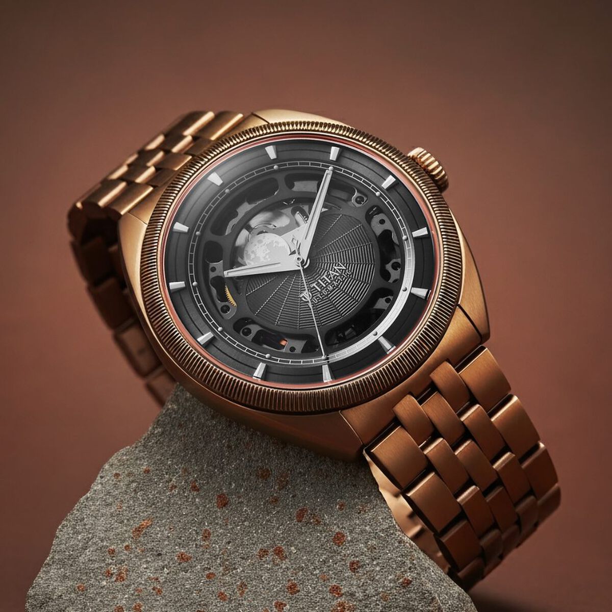Titan Stellar Cupola Automatic Analog with Sun Moon Phase and Gray Dial IP Bronze Stainless Steel Strap Watch for Men 1