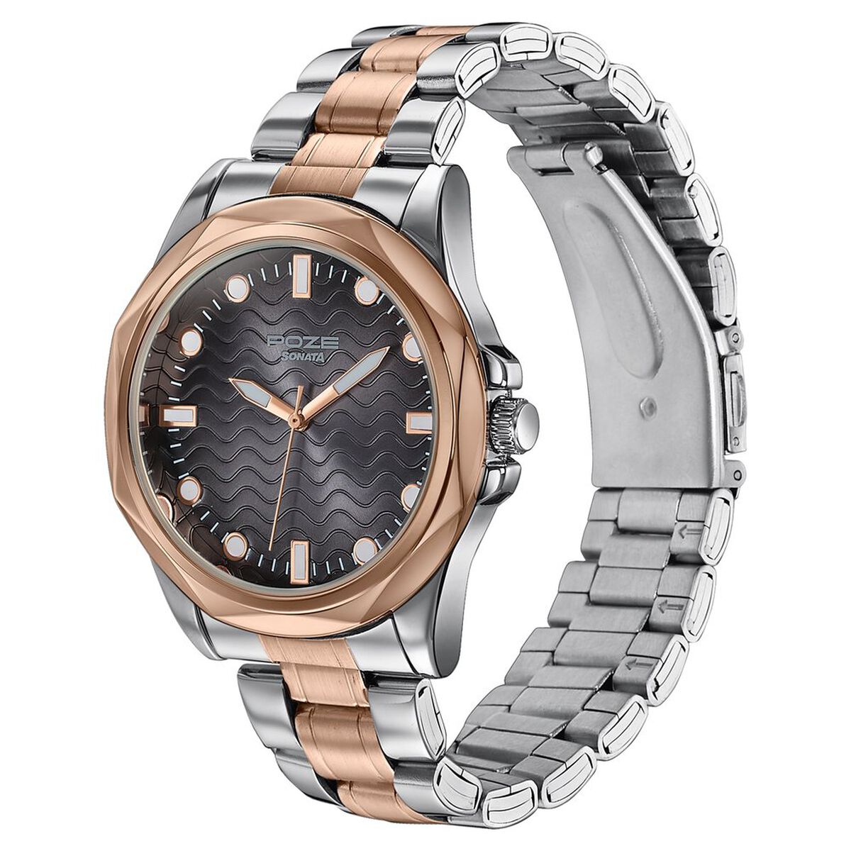 Poze By Sonata Quartz Analog Black Dial Two Toned Metal Strap Watch For Men 5
