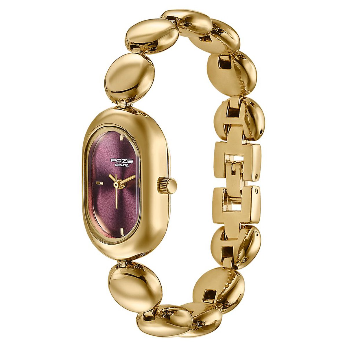 Poze By Sonata Quartz Analog Plum Dial Golden Metal Strap Watch For Women 5