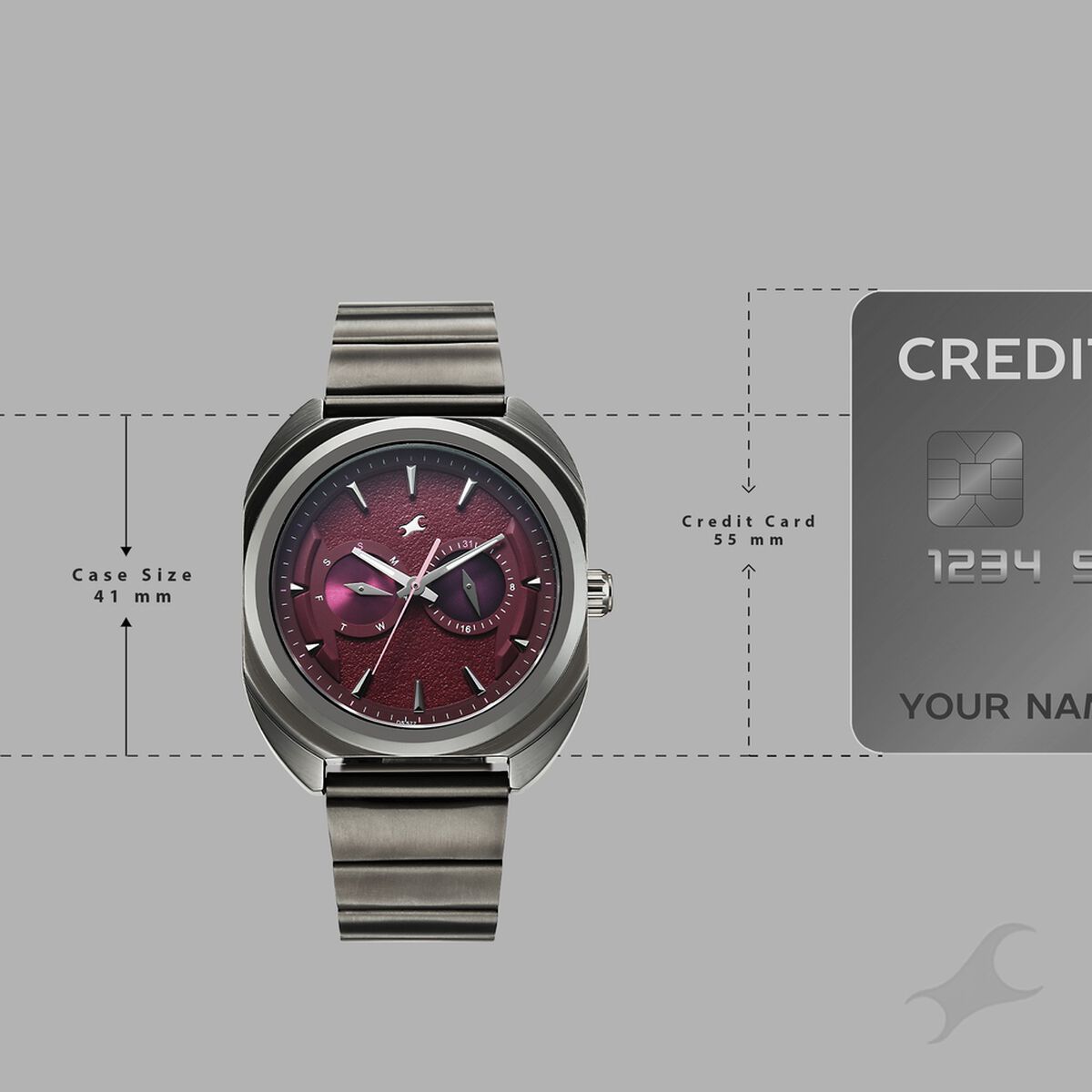 Fastrack Wild Analog with Burgandy Dial Gun Metal Strap Watch for Guys 4