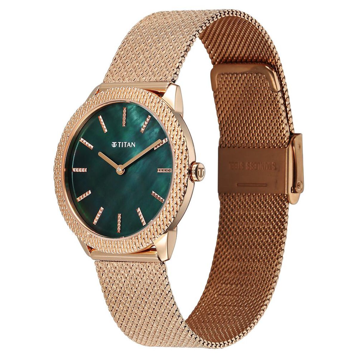 Titan Purple Glamour Quartz Analog Green Mother Of Pearl Dial Rose Gold Stainless Steel Strap Watch For Women 3
