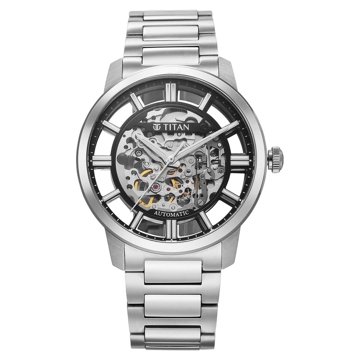 Titan See-Through Skeletal Automatic Analog with Black Dial Silver Stainless Steel Strap Watch for Men 2