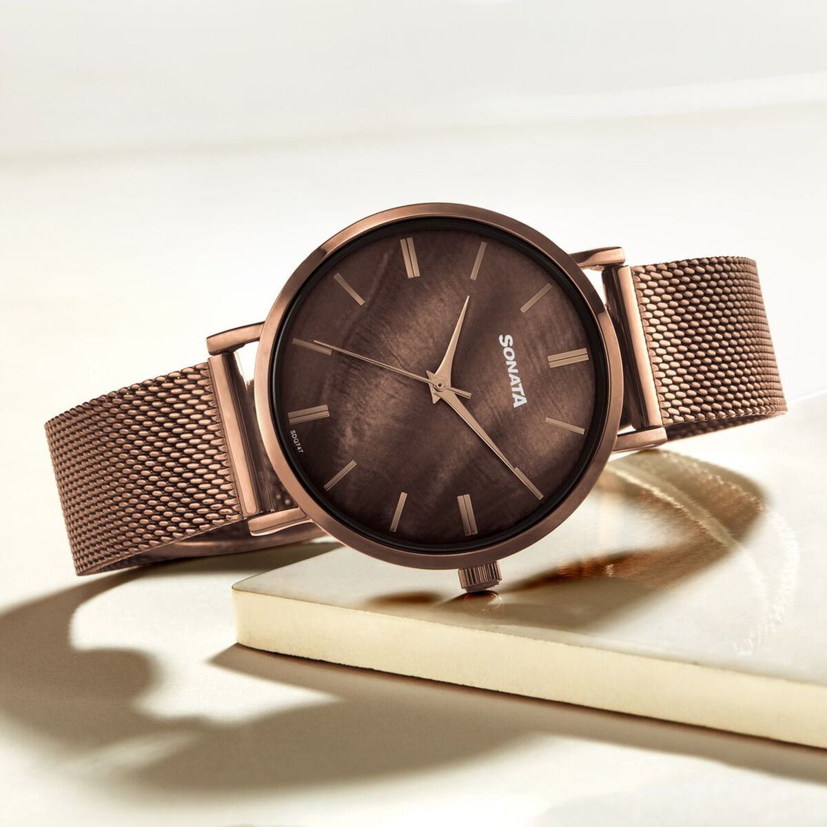 Sonata Quartz Analog Brown Dial Brown Stainless Steel Strap Watch For Women 1